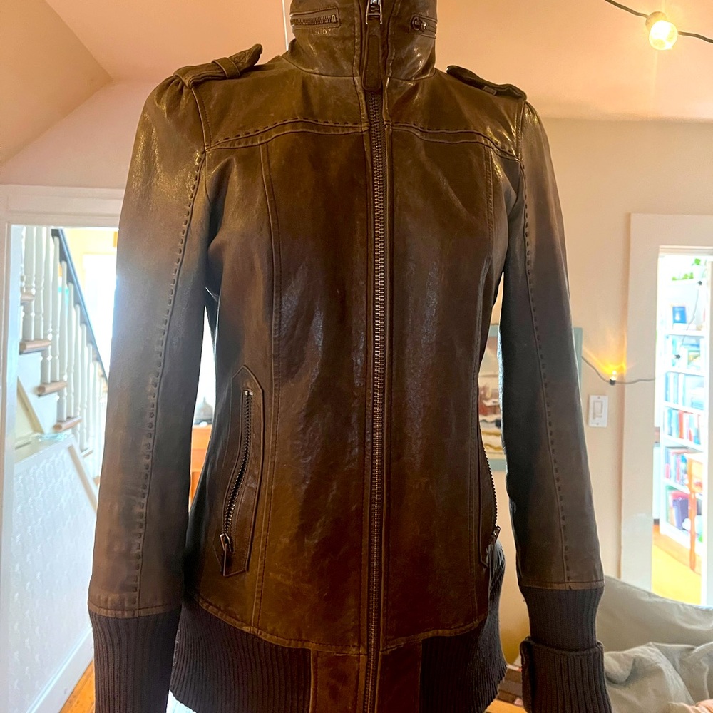Mackage Dark Brown Leather Zip Jacket with High Collar